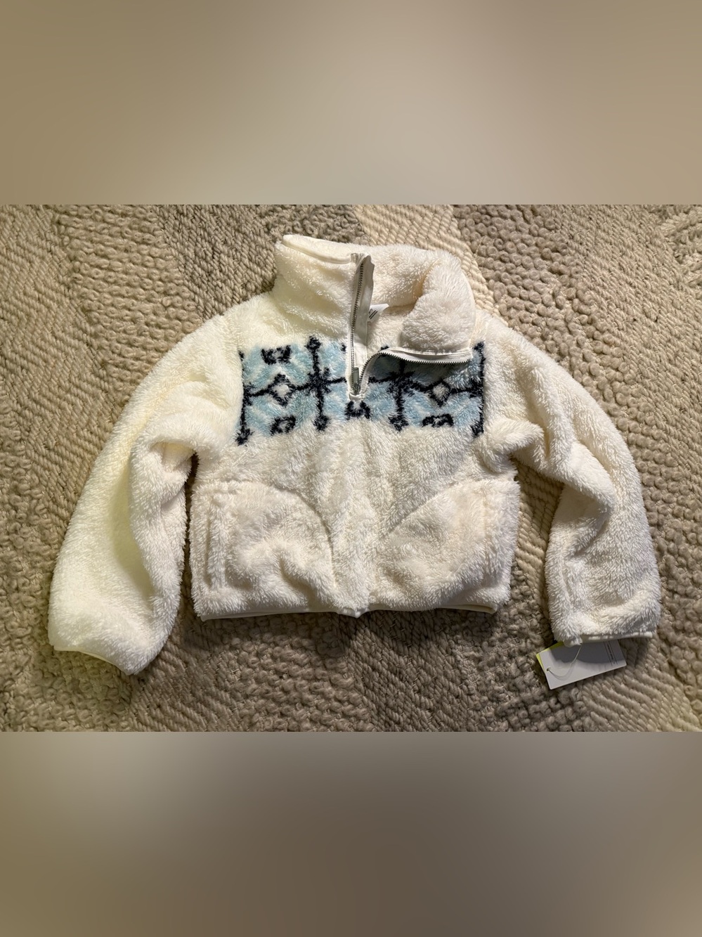 all in motion Cream Sherpa Half-Zip Hoodie with Blue Patterned Yoke small 6/7 nw